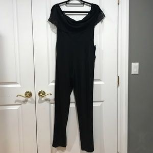 Black off the shoulder jumpsuit with lace trim